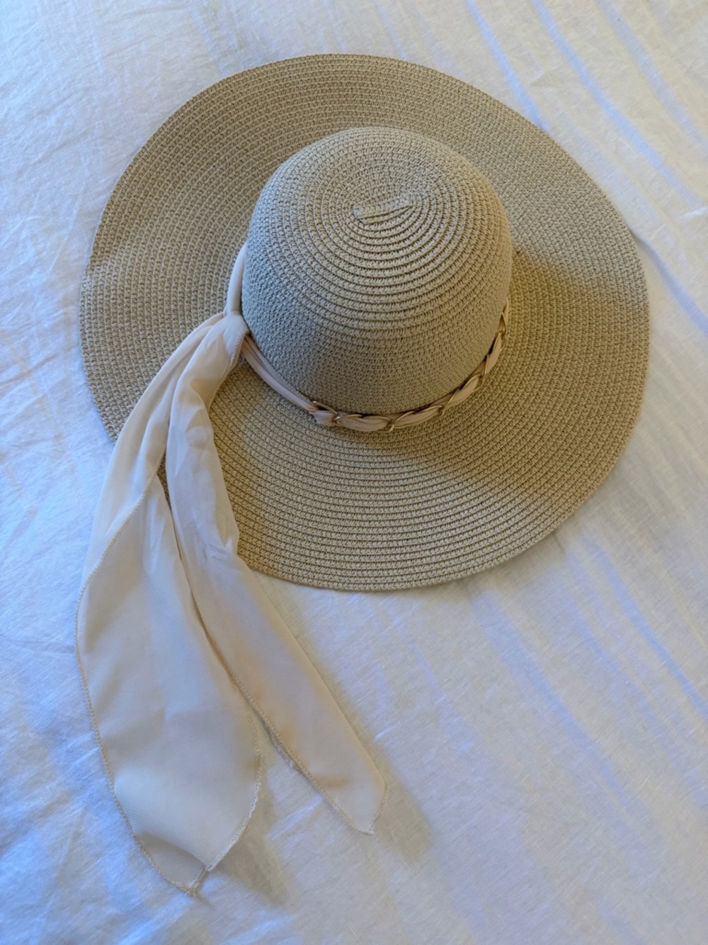 Beige Wide-Brim Straw Sun Hat with Scarf Accent